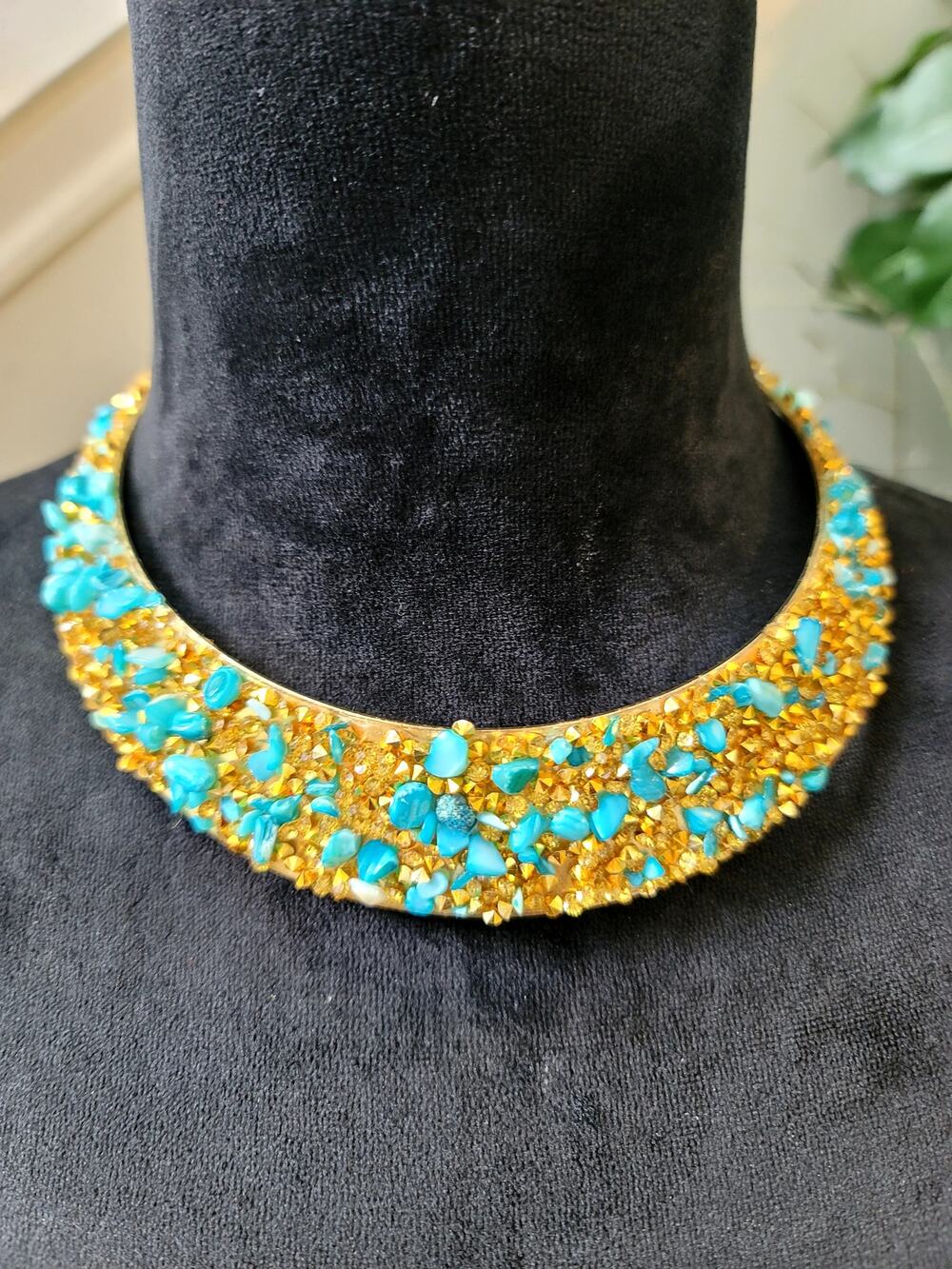 Turquoise Gold Tone Chunky Collar Bib Statement Necklace Boho